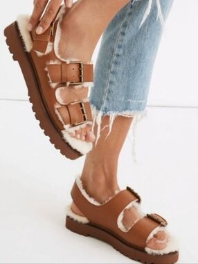 Madewell Brown Faux-Leather Shearling-Lined Buckle Sandals Madelyn 11 NEW